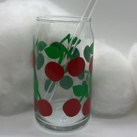 NWT Wool + Pepper Co. CHERRIES 16oz Glass Can Cup - Picture 6 of 7
